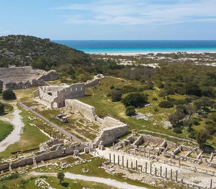 Aerial view of Patara's ancient ruins beside its long sandy beach